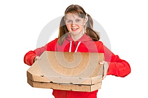 Smiling woman in red uniform delivering pizza in boxes