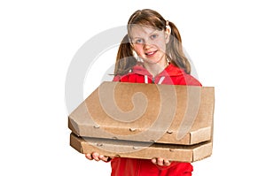 Smiling woman in red uniform delivering pizza in boxes