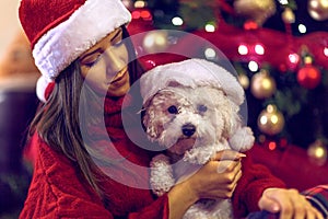 Smiling  woman in santa hats embracing cute puppy. dog in santa hats for Christmas gift