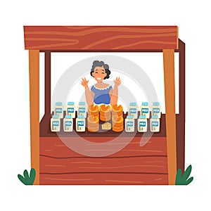 Smiling Woman Selling Fresh Organic Dairy Products on Wooden Stall at Marketplace Vector Illustration