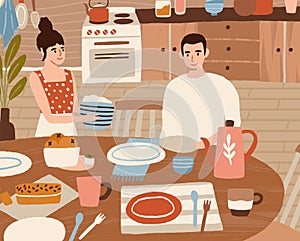 Smiling woman serving dining table vector flat illustration. Happy couple eating together at home kitchen. Cute family