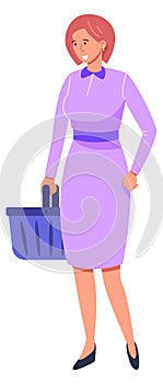 Smiling woman with shopping basket. Happy supermarket customer