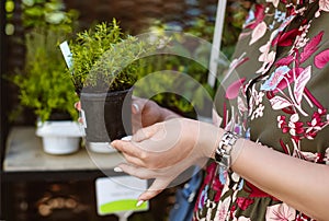 Smiling woman shopping for flowers in garden centre