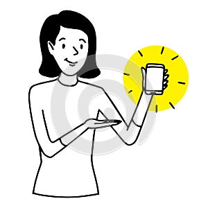 Smiling woman showing a cell phone. Technology presentation situation. Vector isolated outline illustration