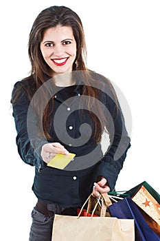 Smiling woman showing credit card