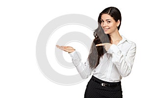 Smiling woman showing open hand palm