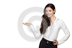 Smiling woman showing open hand palm