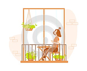 Woman sitting on cozy balcony and drinking coffee or tea. Flat cartoon vector character. Concept of relaxing and staying at home