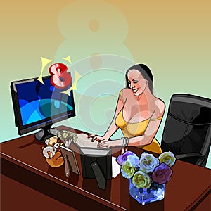 smiling woman sitting at a desk with a computer eighth of march