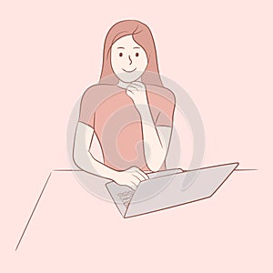 Smiling woman sitting with laptop. Hand drawn line design