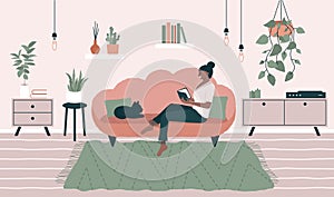 Smiling woman sitting on sofa. Relaxed female reading book in cozy room, home interior with plants, cat. Vector illustration