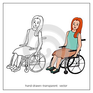 Smiling woman sitting in wheelchair. Cute happy girl with physical disability or impairment. Disabled joyful modern
