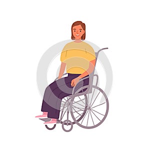 Smiling woman sitting in wheelchair vector illustration. Cute happy girl with physical disability or impairment isolated