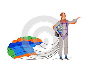 Smiling Woman Sky Diver Landing with Parachute Vector Illustration