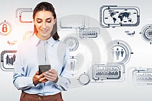 Smiling woman with smartphone, business interface