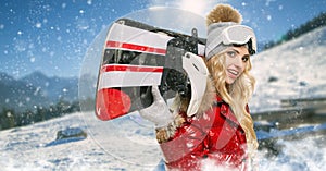 Smiling woman with snowboard