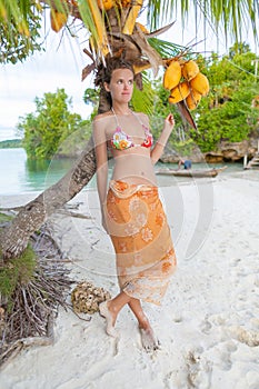 Smiling Woman Spending Chill Time Outdoor Bali Tropical Island. Exotics Summer Season Caribbean Ocean. Exotic Fruits