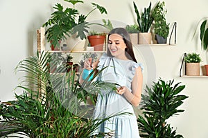 Smiling woman spraying indoor plants