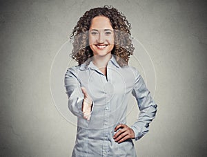 Smiling woman, student, customer service agent giving you handshake