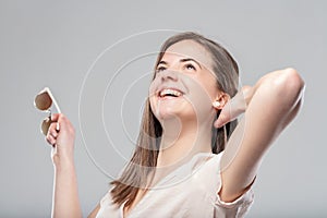 Smiling woman with sunglasses, feels beautiful, ordinary