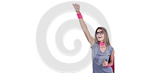 Smiling woman in superhero costume with arm raised