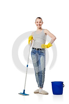 Smiling woman with swab isolated