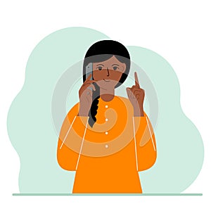 Smiling woman talking on a cell phone with emotions. One hand with the phone the other with a forefinger up gesture.