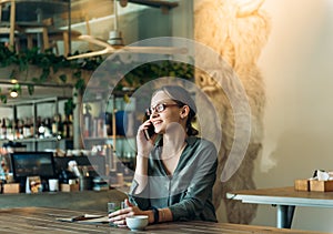 Smiling woman talking on smart phone. Businesswoman sitting at coffee shop and making a phone call