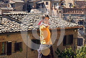 Smiling woman tourist with hand invite a boyfriend to go travel