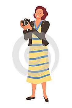Smiling Woman Tourist or Paparazzi Making Shoots