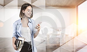 Smiling woman trainee in headphones in office