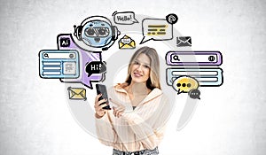 Smiling woman using smartphone and chat bot doodle with communication icons