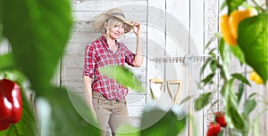 Smiling woman in vegetable garden on white wooden shed background with gardening tools, sweet pepper plants in the foreground