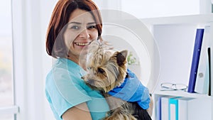 Smiling woman vet hugging yorkshire terrier