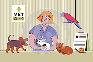 Smiling woman veterinarian with cat, dog, rabbit, parrot in clinic. Veterinary doctor checking and treating animal