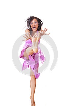 Smiling Woman In Violet Silk Dress Jumping