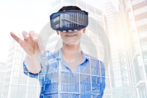 Smiling woman in VR headset holding fingers in pinch