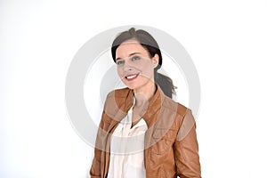 Smiling woman on white background