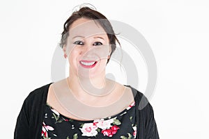 Smiling woman in white background forties years