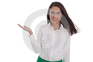 Smiling woman in white blouse and isolated over white holding he