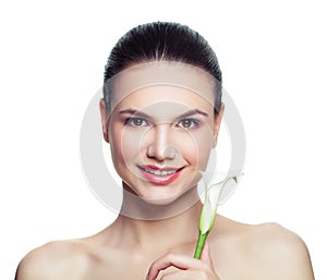 Smiling woman with white flower isolated on white background