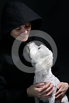 Smiling Woman, With White Maltese Dog