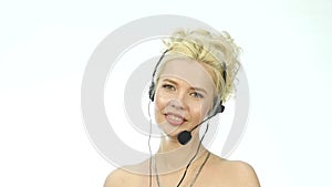 smiling woman working in a call center. Headset telemarketing woman talking on helpline. slow motion