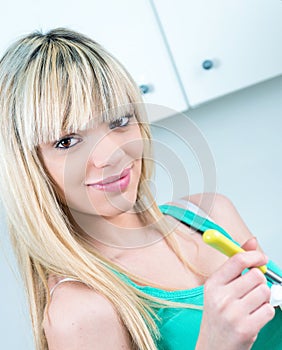 Smiling women eating yogurt food