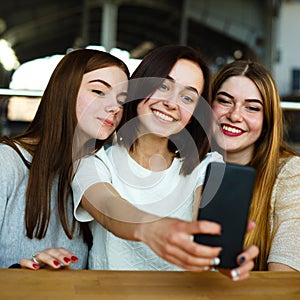 Smiling women having fun and taking selfie at cafe