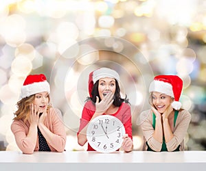 Smiling women in santa helper hats with clock