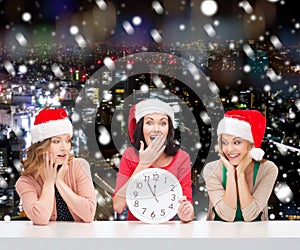 Smiling women in santa helper hats with clock