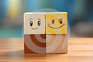 Smiling wooden cube with smiley face on wooden table. Ai generative