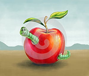 Smiling worm eating a red apple