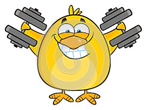 Smiling Yellow Chick Cartoon Character Training With Dumbbells